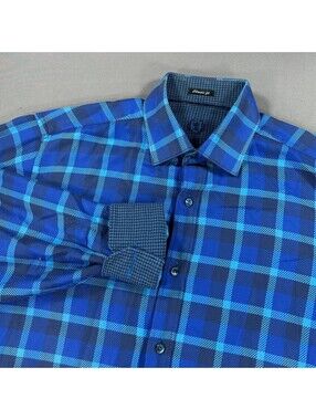 Bugatchi Mens Classic Fit Long Sleeve Button Down Shirt Blue White Geometric M
